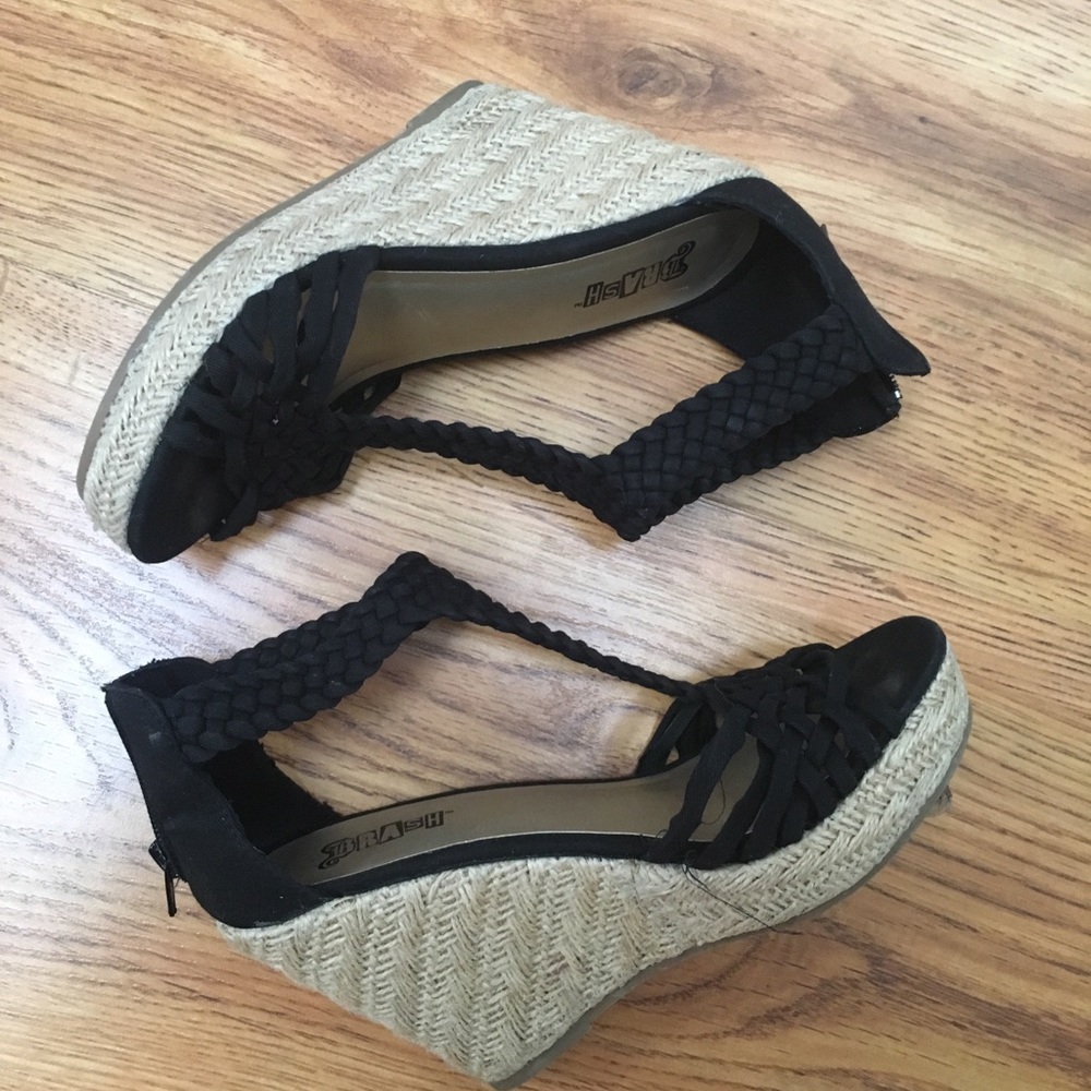 Brash Black Braided Espadrille Wedge Sandals